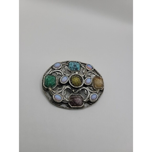 Vintage Miracle Scottish Celtic Brooch Faux Agate Opal Glass Stones Silver tone - Picture 2 of 13